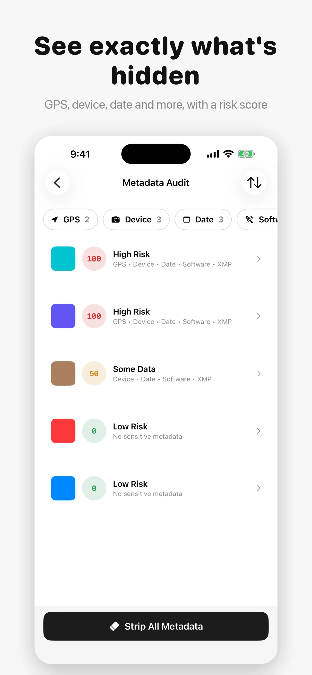 Metadata Remover App Screenshot - Audit view showing exactly what is hidden inside a photo