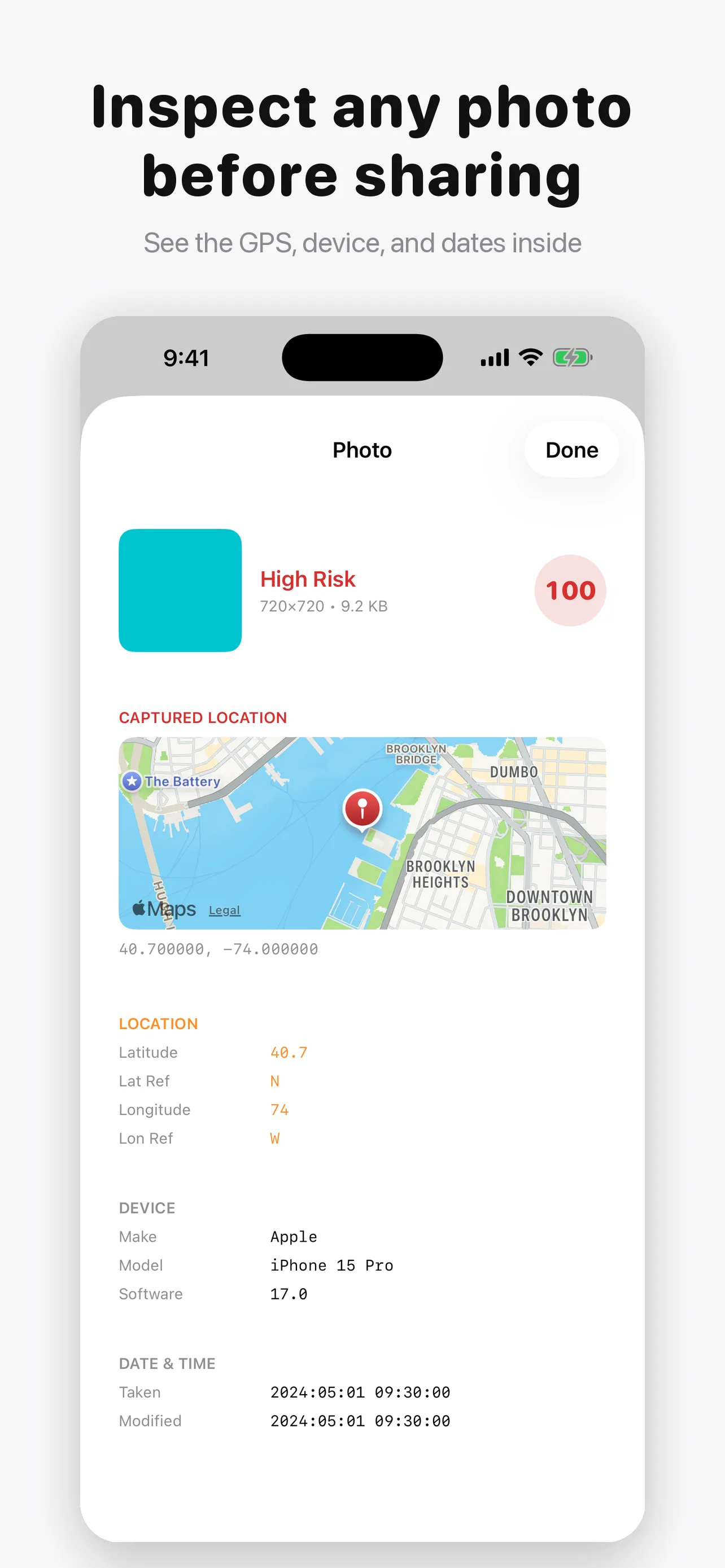 Metadata Remover App Screenshot - Detail inspector listing every metadata field found