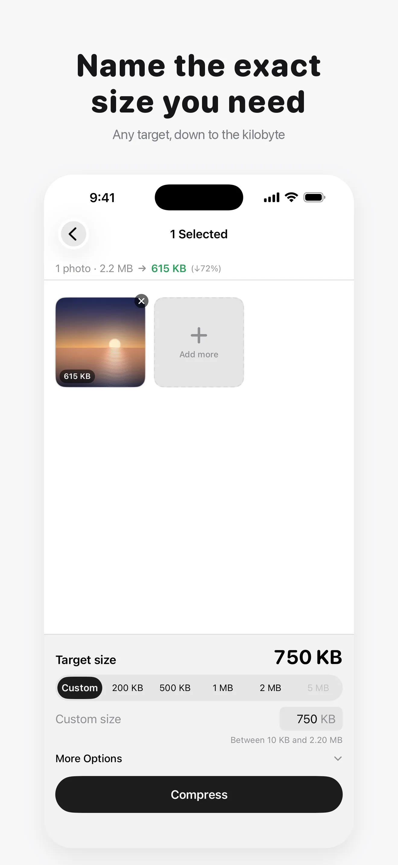 Compress: Photos & Videos Screenshot - Name the exact size you need, any target down to the kilobyte