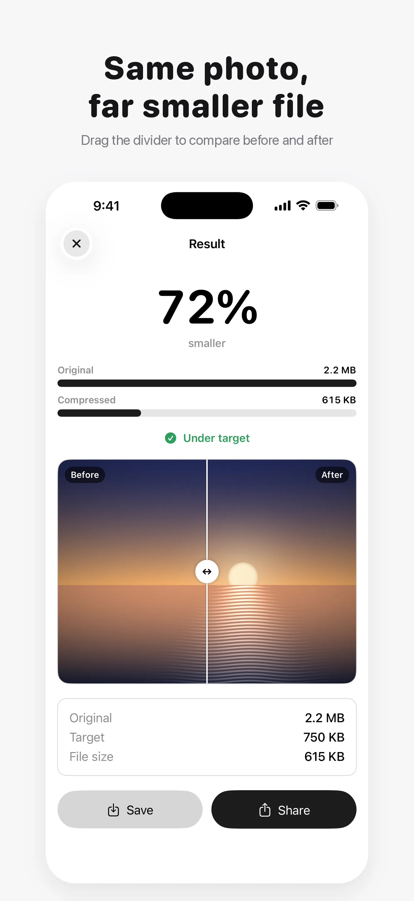 Compress: Photos & Videos Screenshot - Same photo, far smaller file, with a before and after comparison