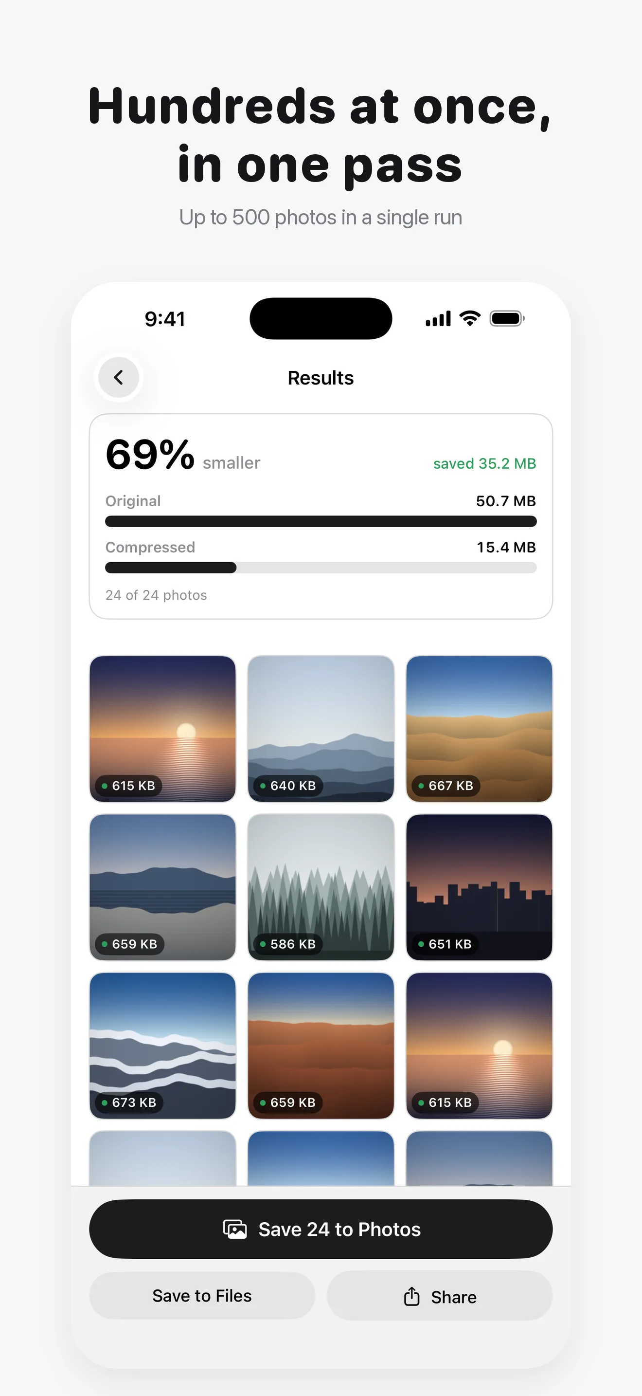 Compress: Photos & Videos Screenshot - Hundreds at once in one pass, up to 500 photos in a single run