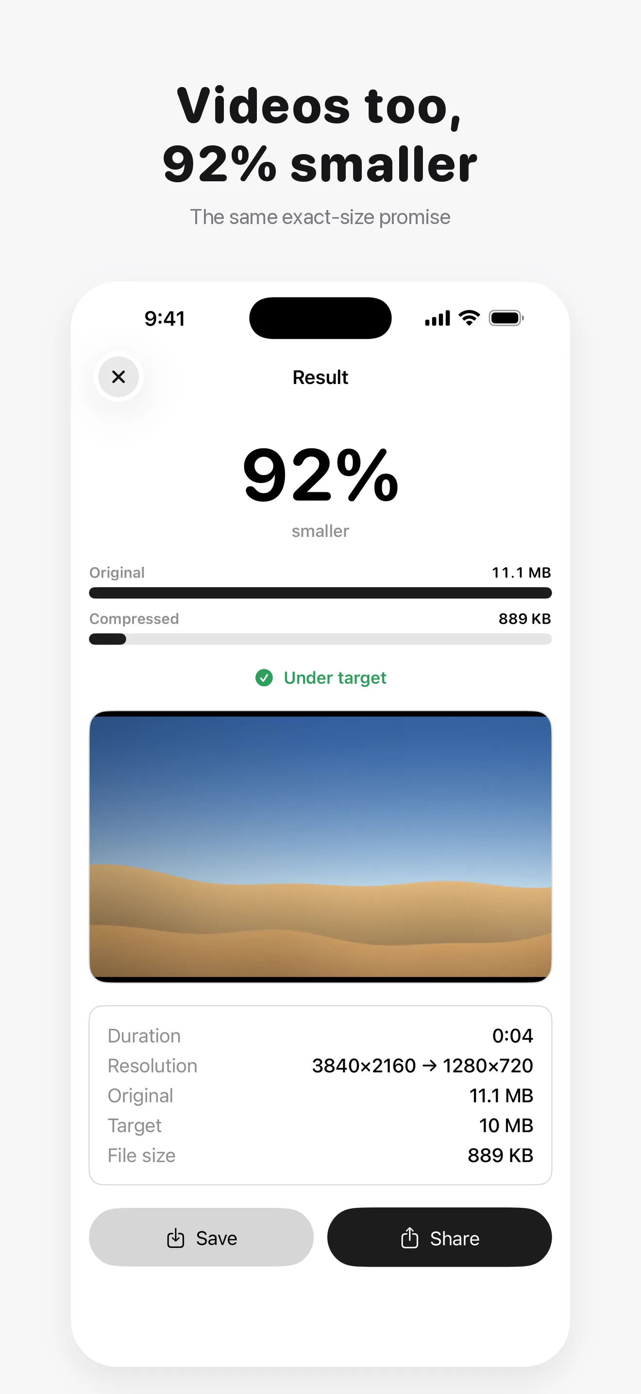 Compress: Photos & Videos Screenshot - Videos too, 92 percent smaller, the same exact-size promise