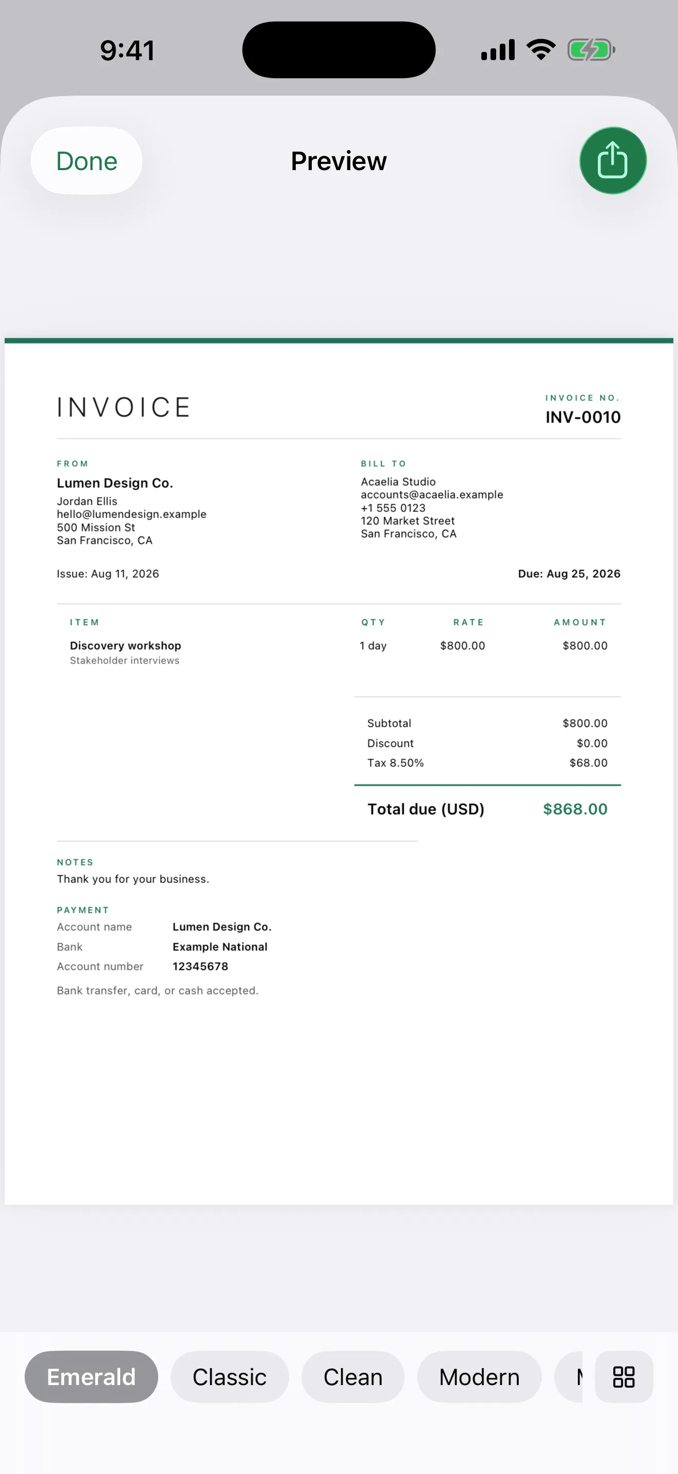 Invoice Maker: PDF & Estimate Screenshot - PDF preview with template picker