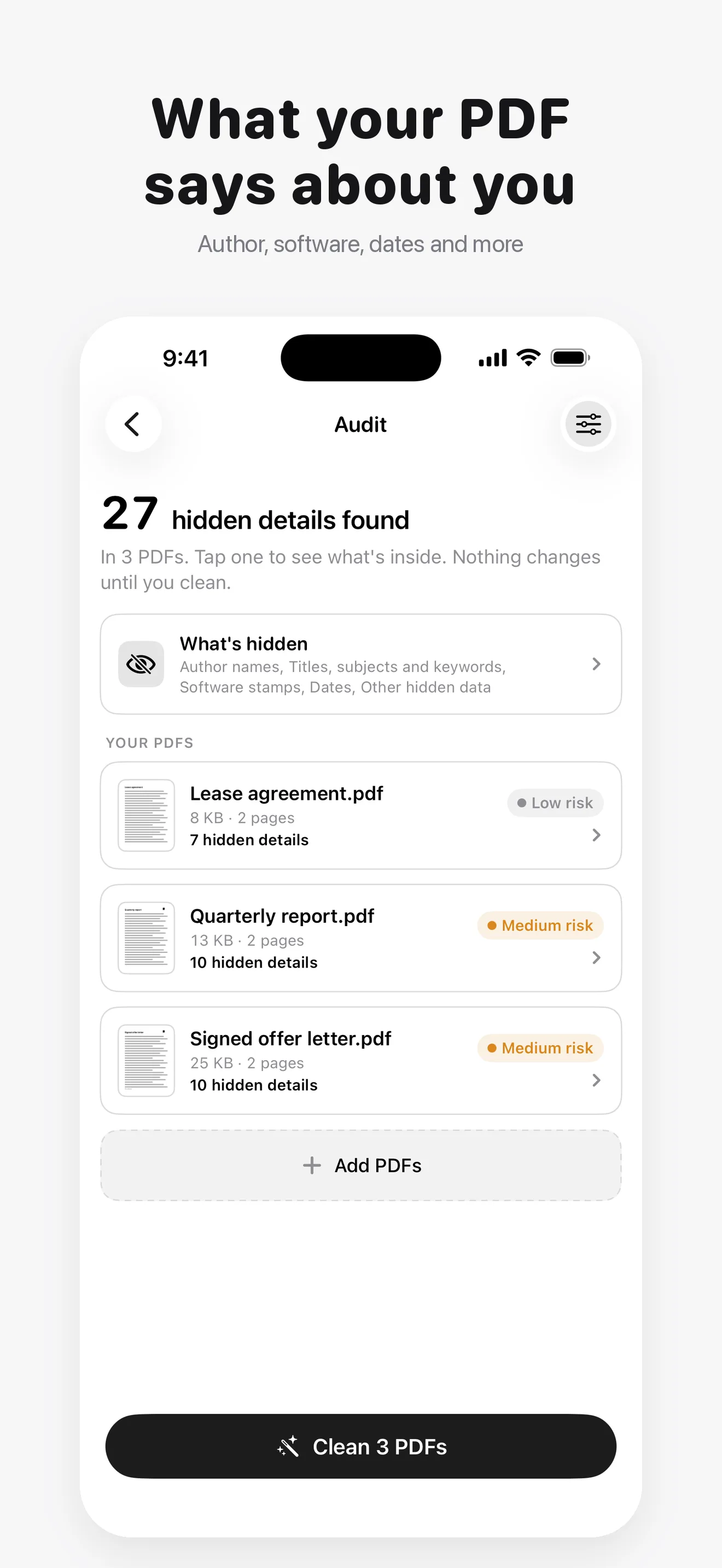 PDF Metadata Remover & Cleaner Screenshot - See what your PDF says about you: author, software, dates and more