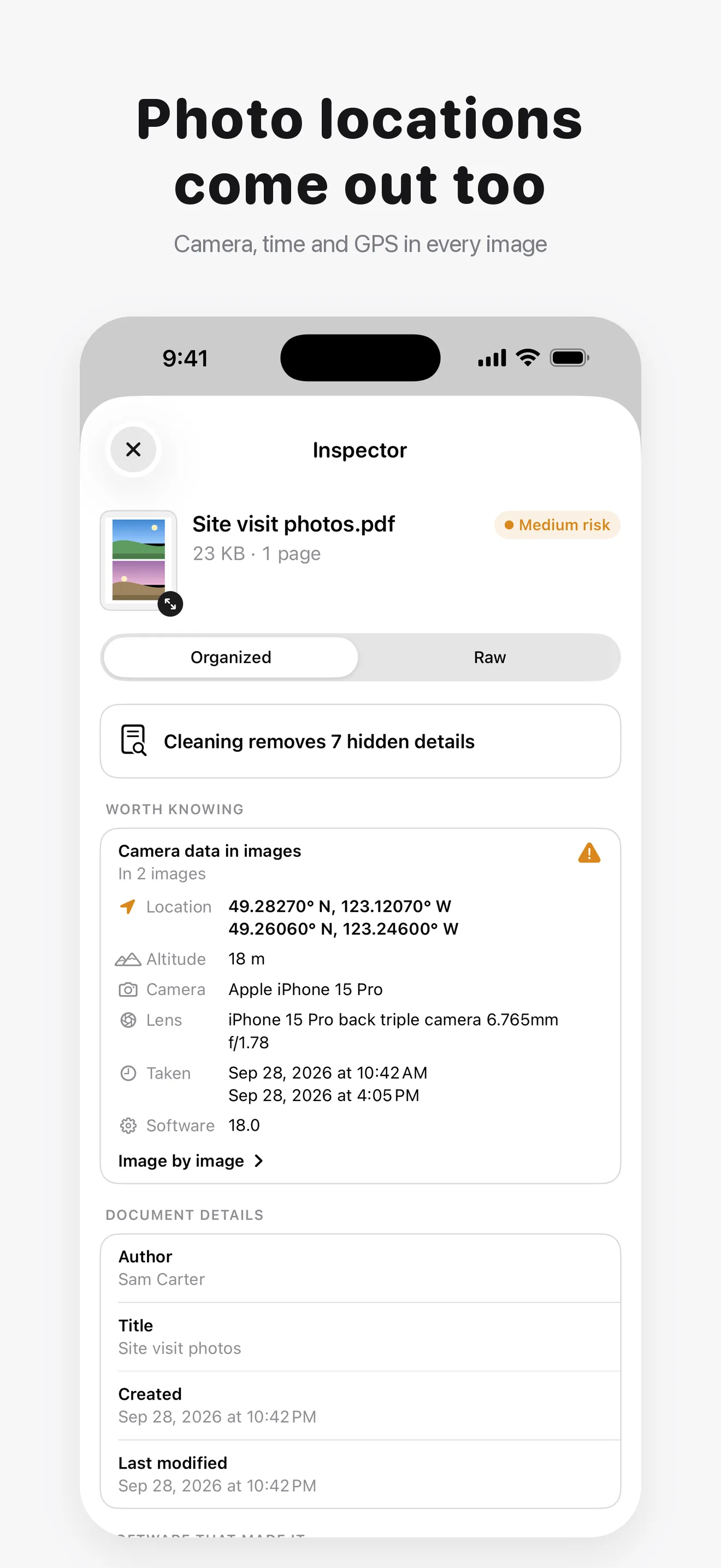 PDF Metadata Remover & Cleaner Screenshot - Camera data and GPS locations in photos inside a PDF