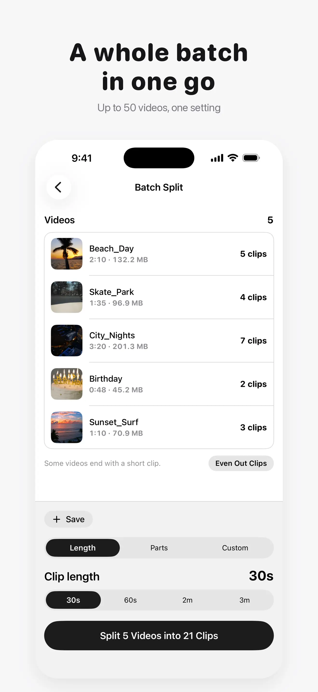 Video Splitter: Split & Cut Screenshot - A whole batch in one go, up to 50 videos with one setting