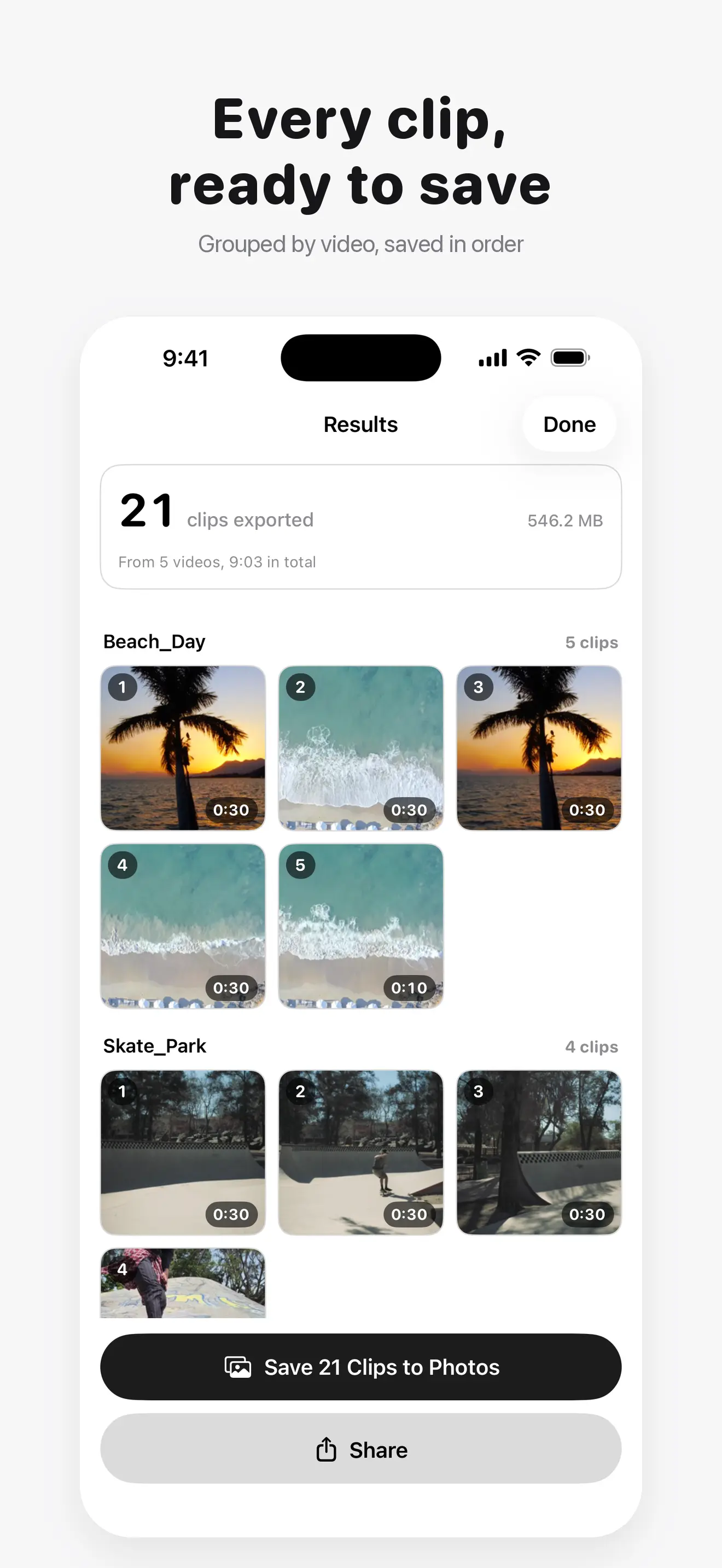 Video Splitter: Split & Cut Screenshot - Every clip ready to save, grouped by video and saved in order